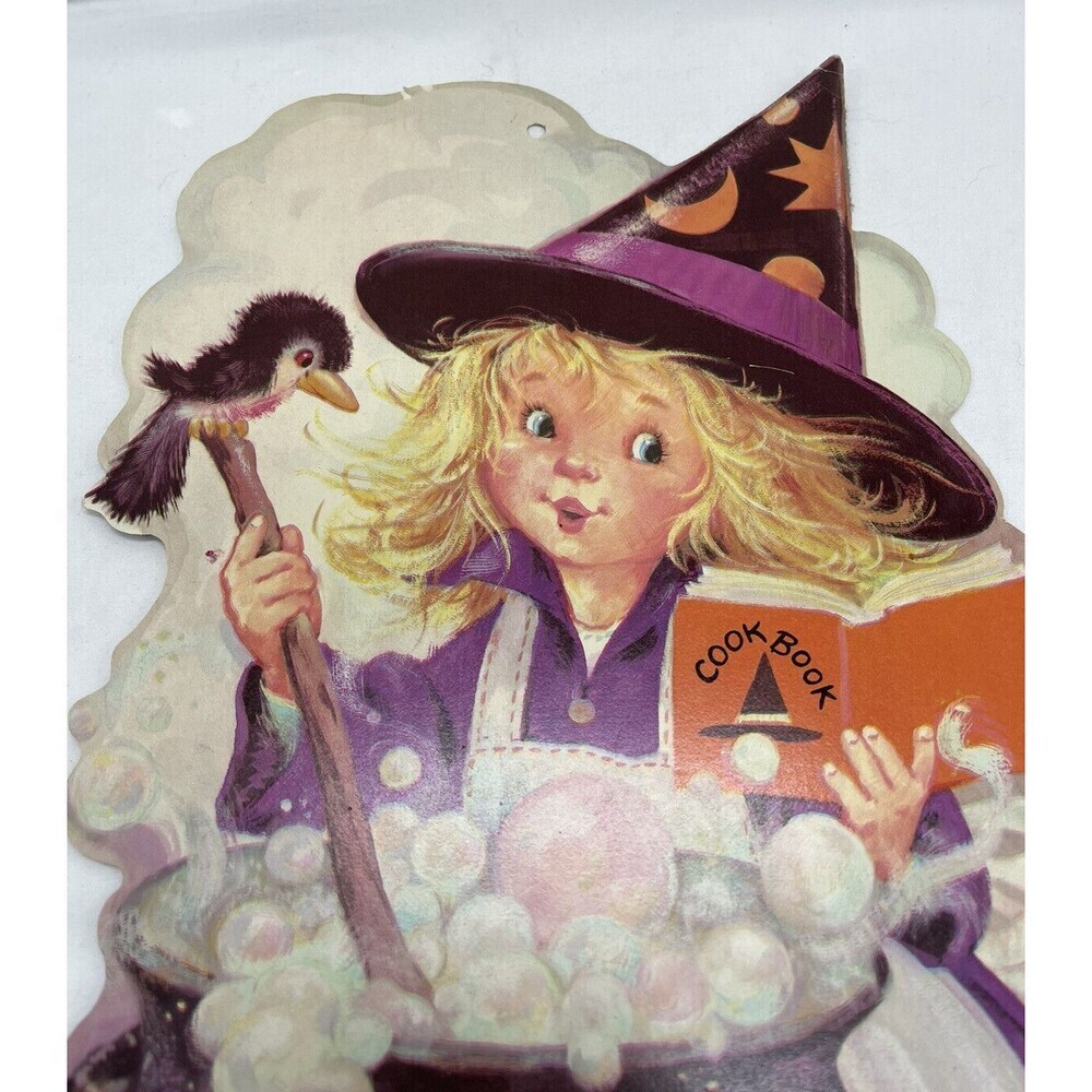 Vintage Halloween Die Cut Decoration Witch Cooking Cookbook Bird Cauldron USA - Picture 3 of 8
